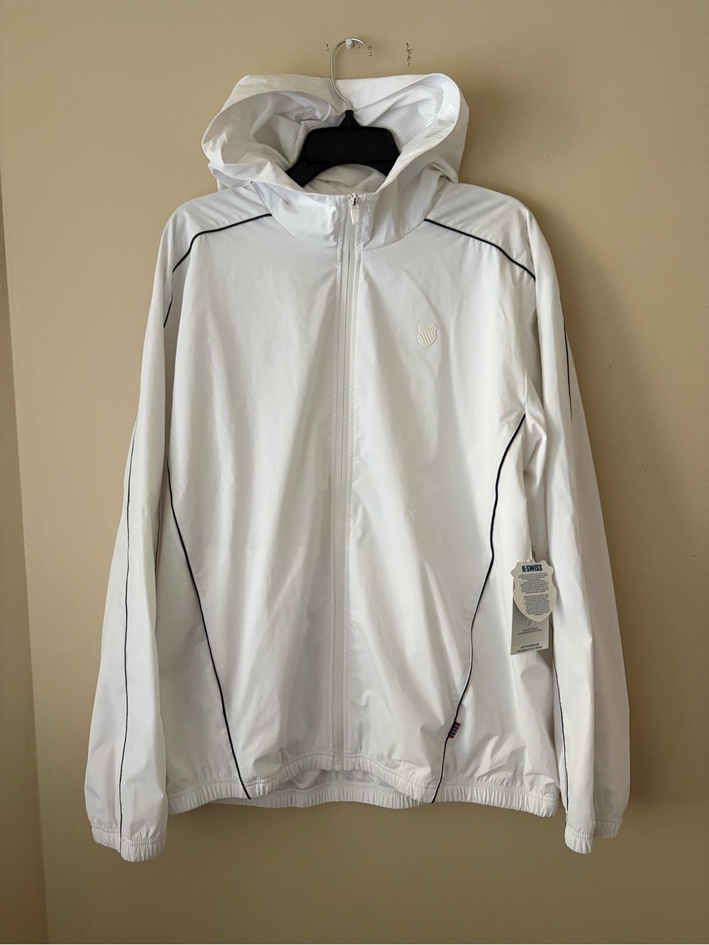 K-Swiss White Hooded Windbreaker with Black Piping Sz.L New